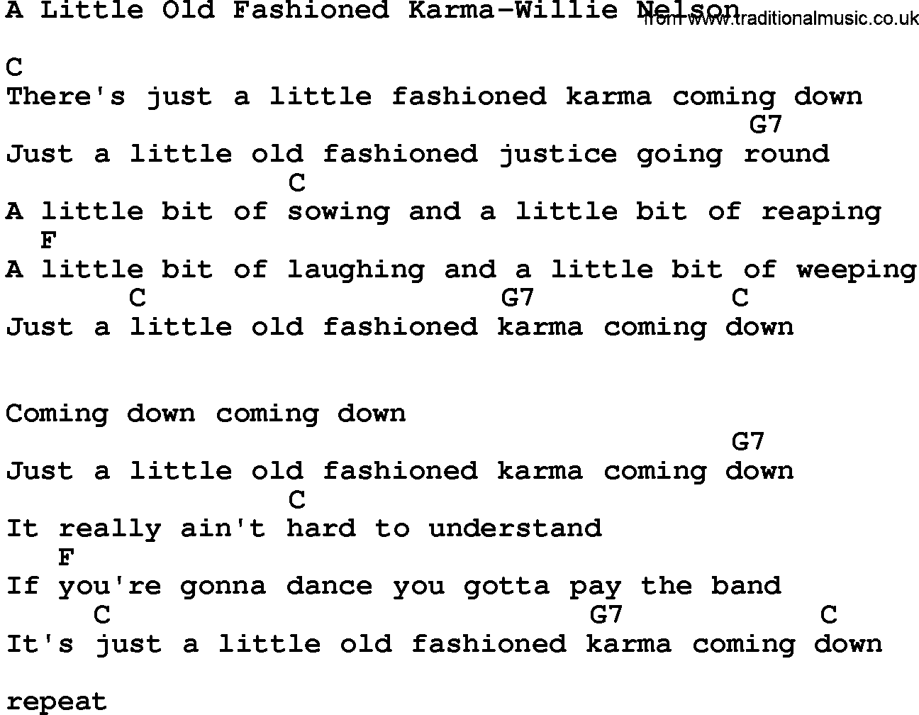 Country music song: A Little Old Fashioned Karma-Willie Nelson lyrics and chords