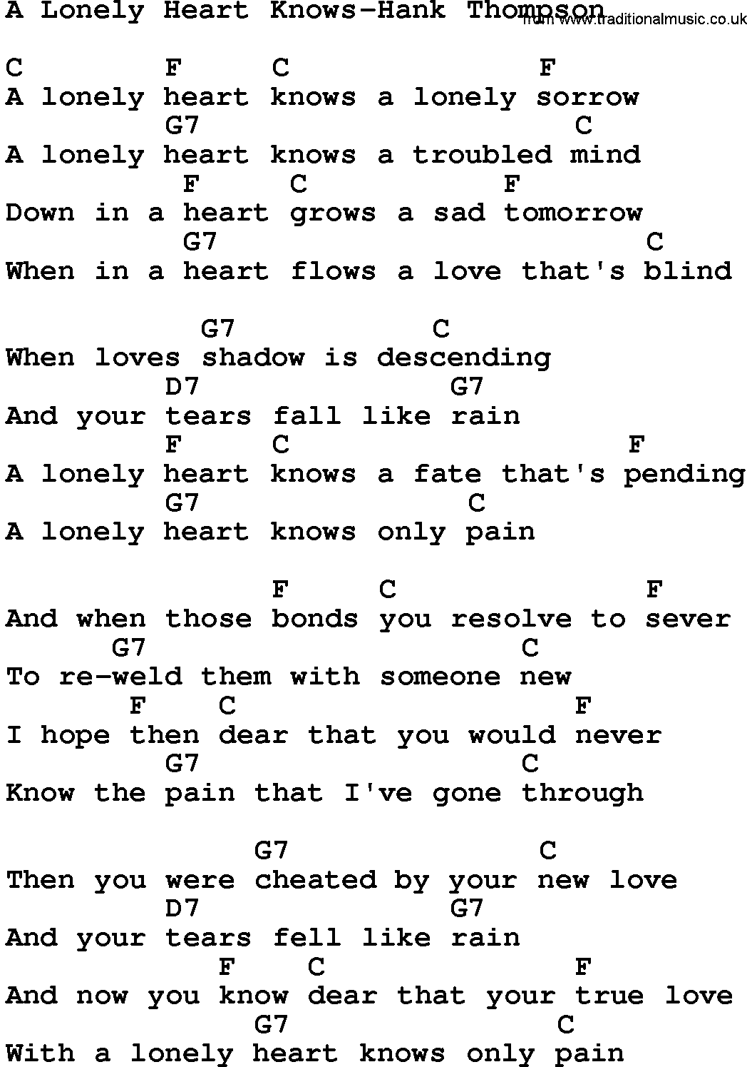 Country music song: A Lonely Heart Knows-Hank Thompson lyrics and chords