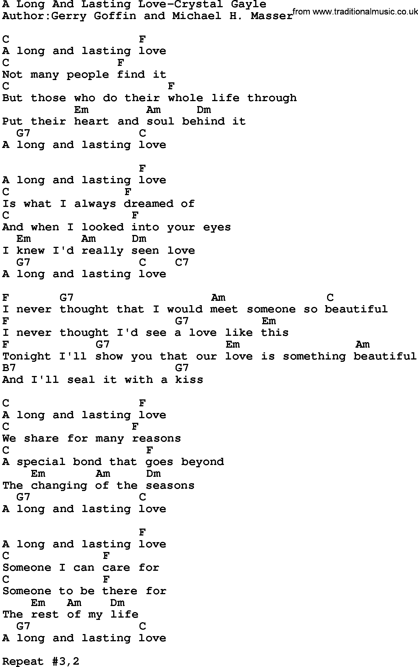 Country music song: A Long And Lasting Love-Crystal Gayle lyrics and chords