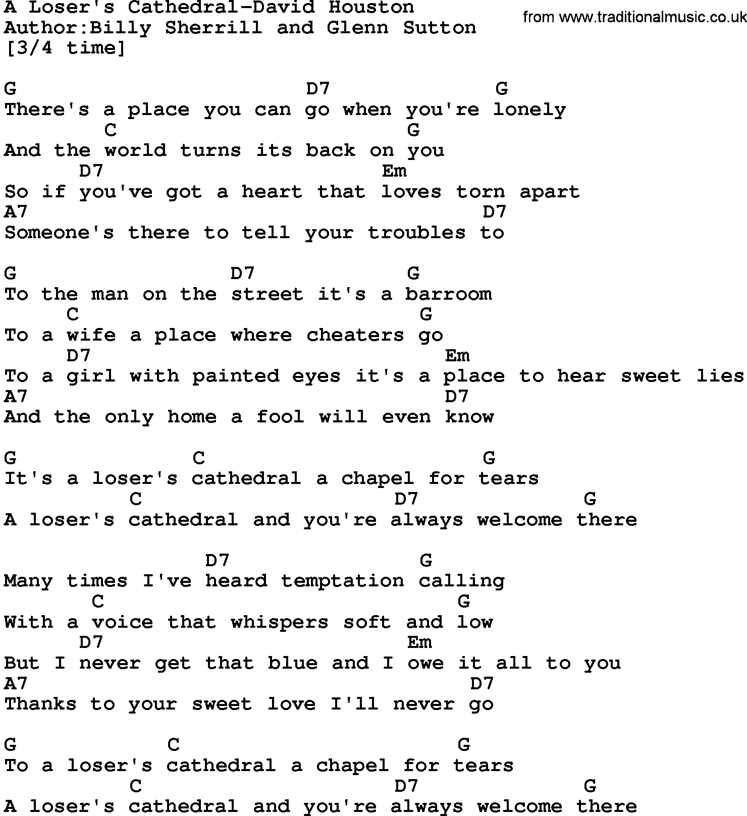 Country music song: A Loser's Cathedral-David Houston lyrics and chords