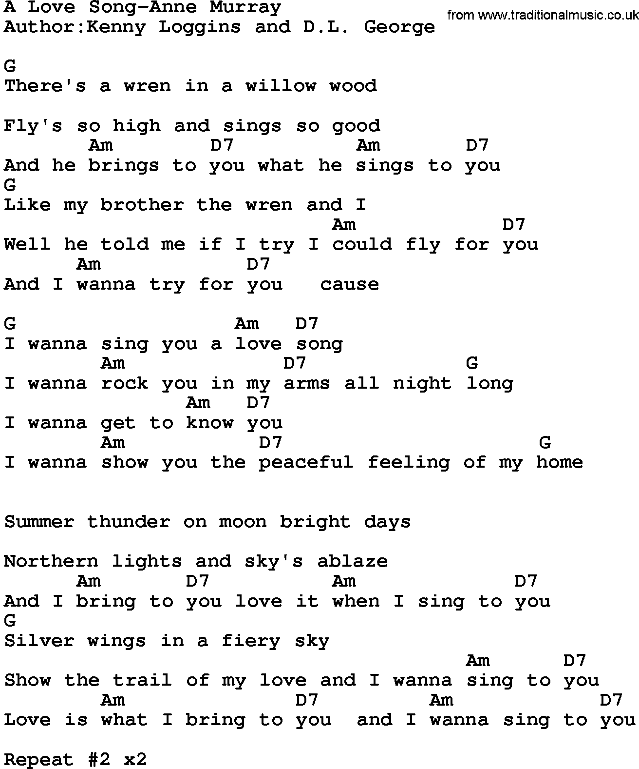 Country music song: A Love Song-Anne Murray lyrics and chords