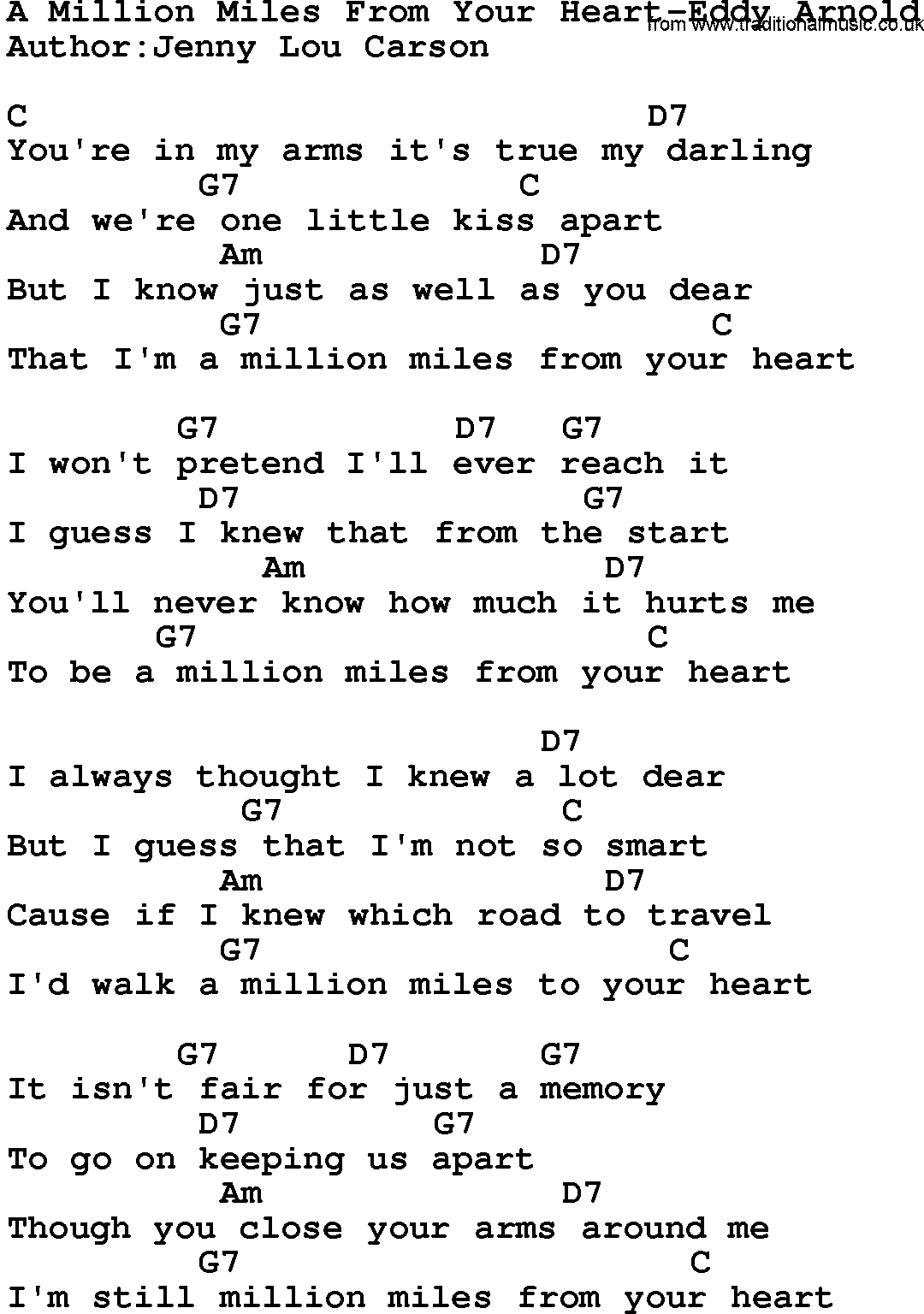 Country music song: A Million Miles From Your Heart-Eddy Arnold lyrics and chords