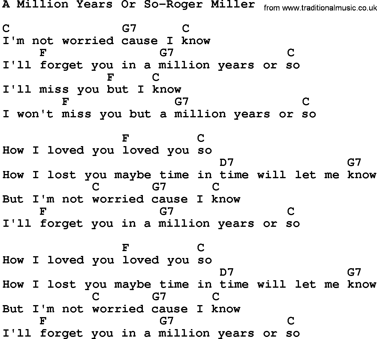 Country music song: A Million Years Or So-Roger Miller lyrics and chords