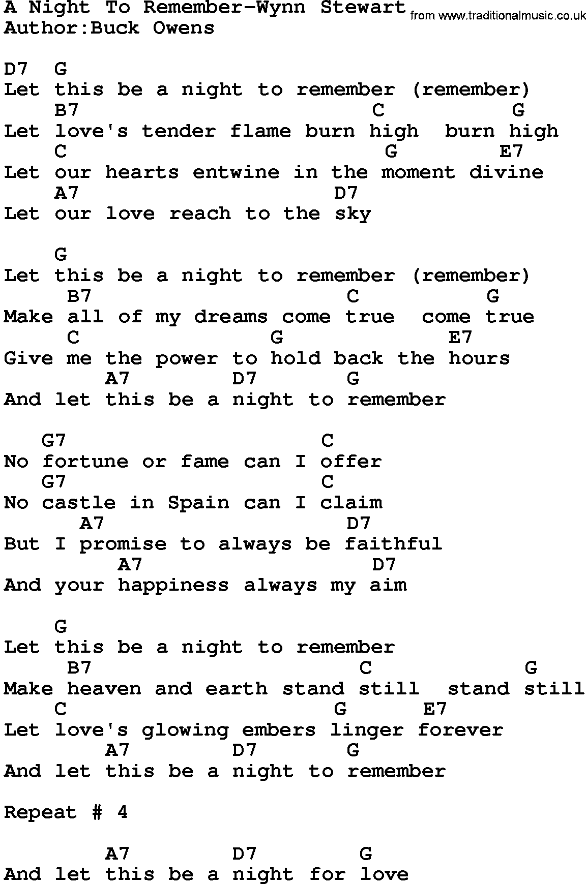 Country music song: A Night To Remember-Wynn Stewart lyrics and chords