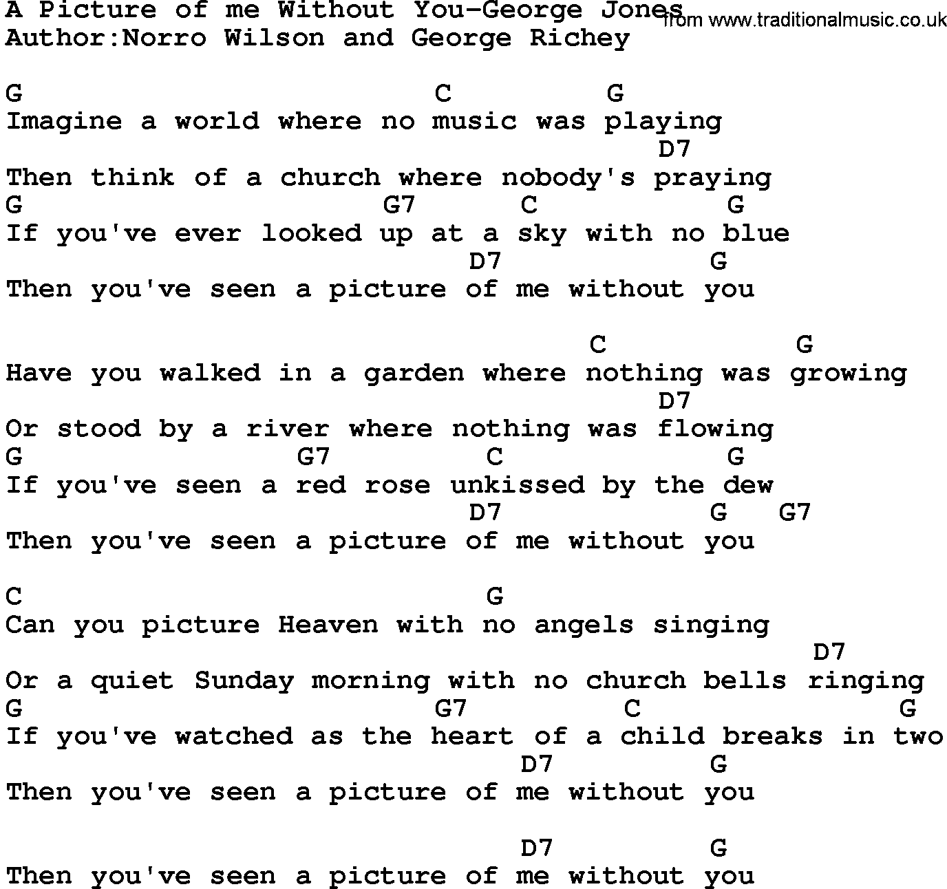 Country music song: A Picture Of Me Without You-George Jones lyrics and chords