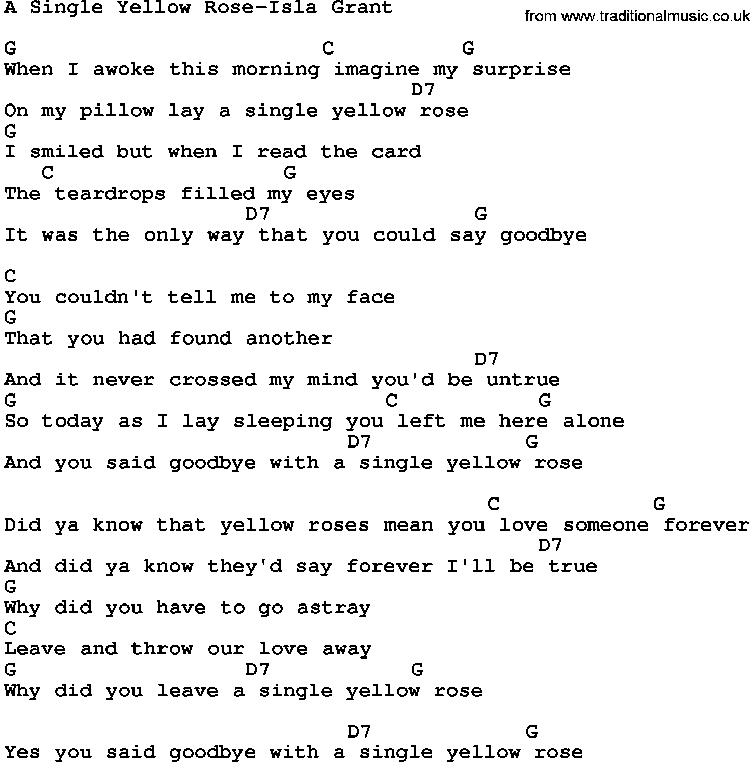 Country music song: A Single Yellow Rose-Isla Grant lyrics and chords