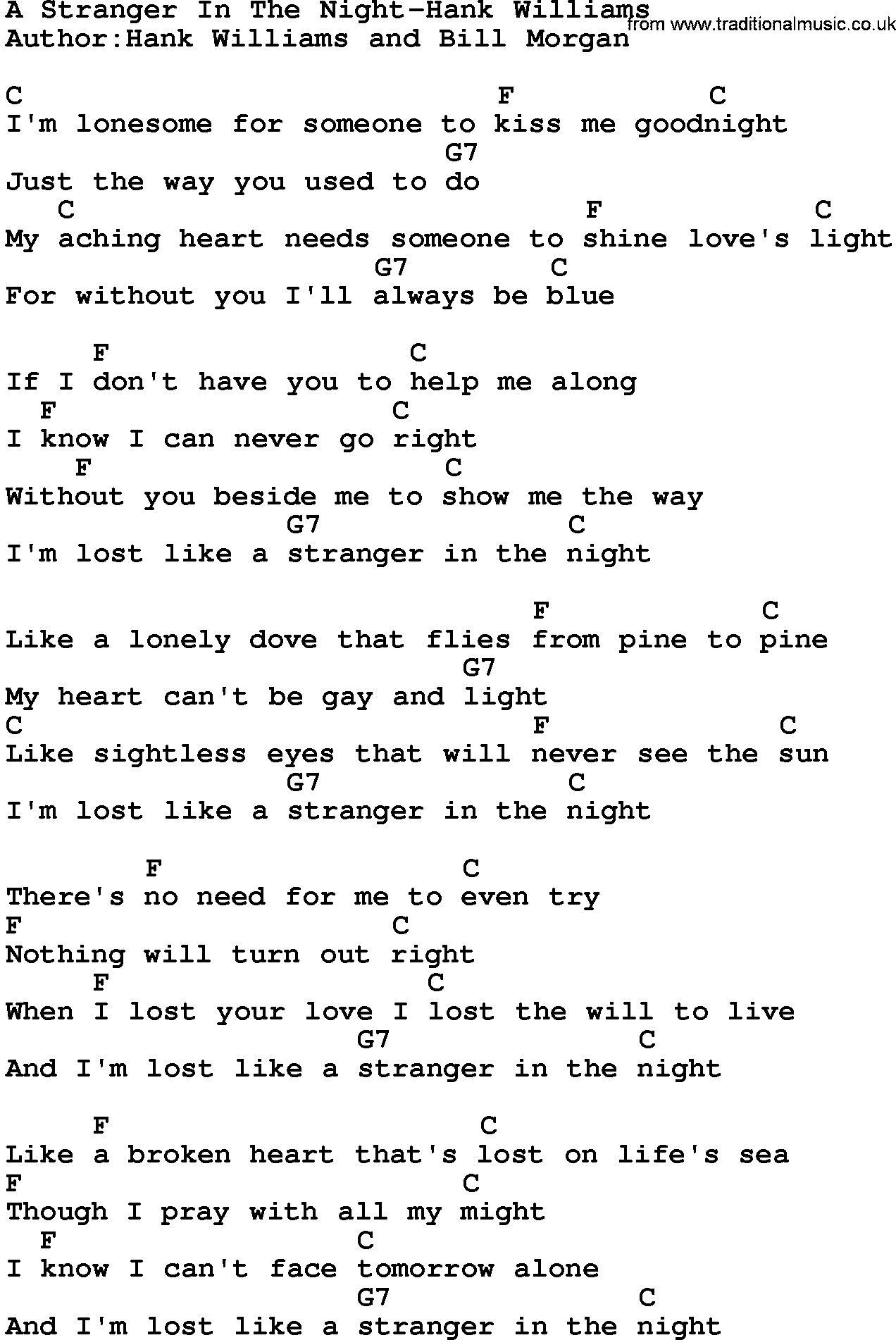 Country music song: A Stranger In The Night-Hank Williams lyrics and chords
