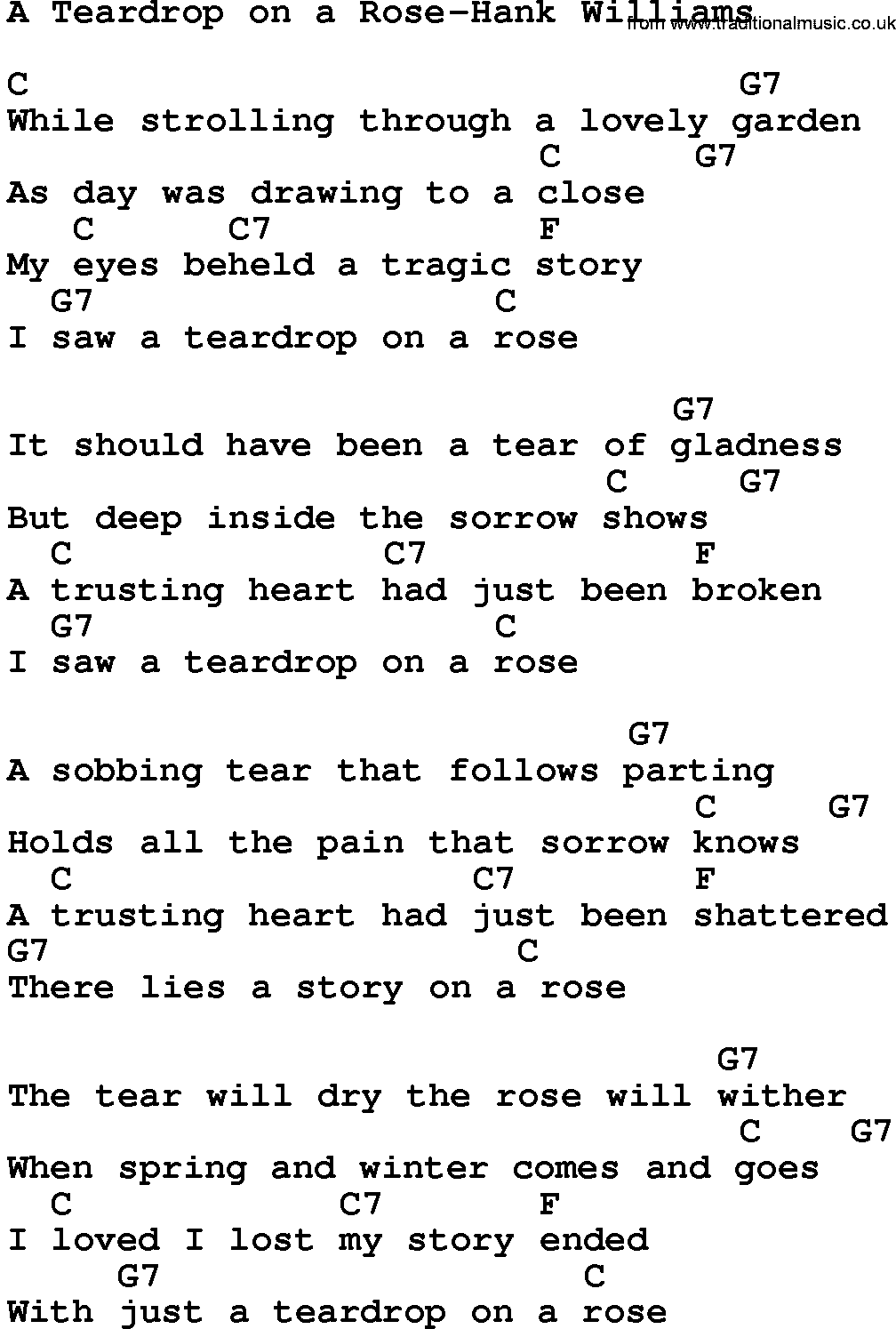 Country music song: A Teardrop On A Rose-Hank Williams lyrics and chords