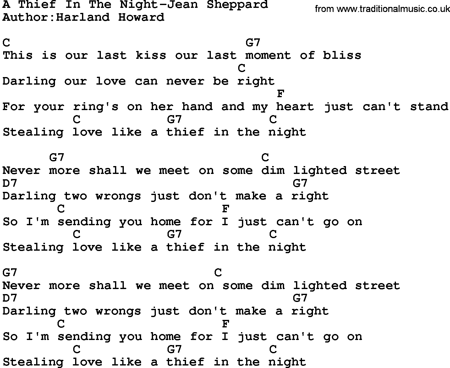 Country music song: A Thief In The Night-Jean Sheppard lyrics and chords