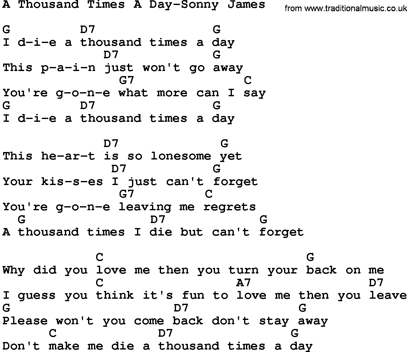 Country music song: A Thousand Times A Day-Sonny James lyrics and chords