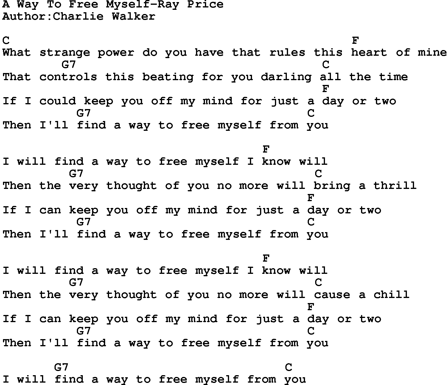 Country music song: A Way To Free Myself-Ray Price lyrics and chords