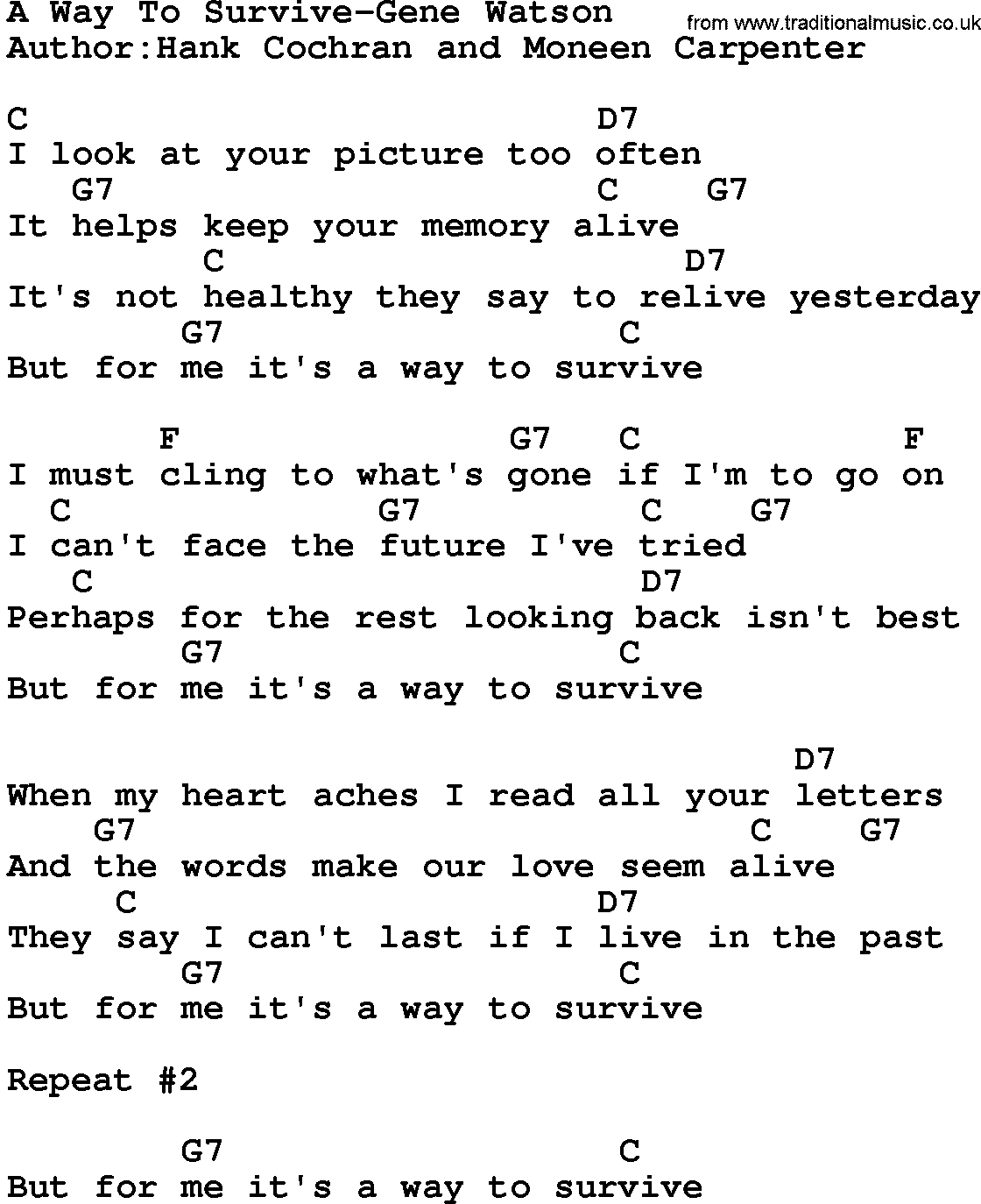 Country music song: A Way To Survive-Gene Watson lyrics and chords