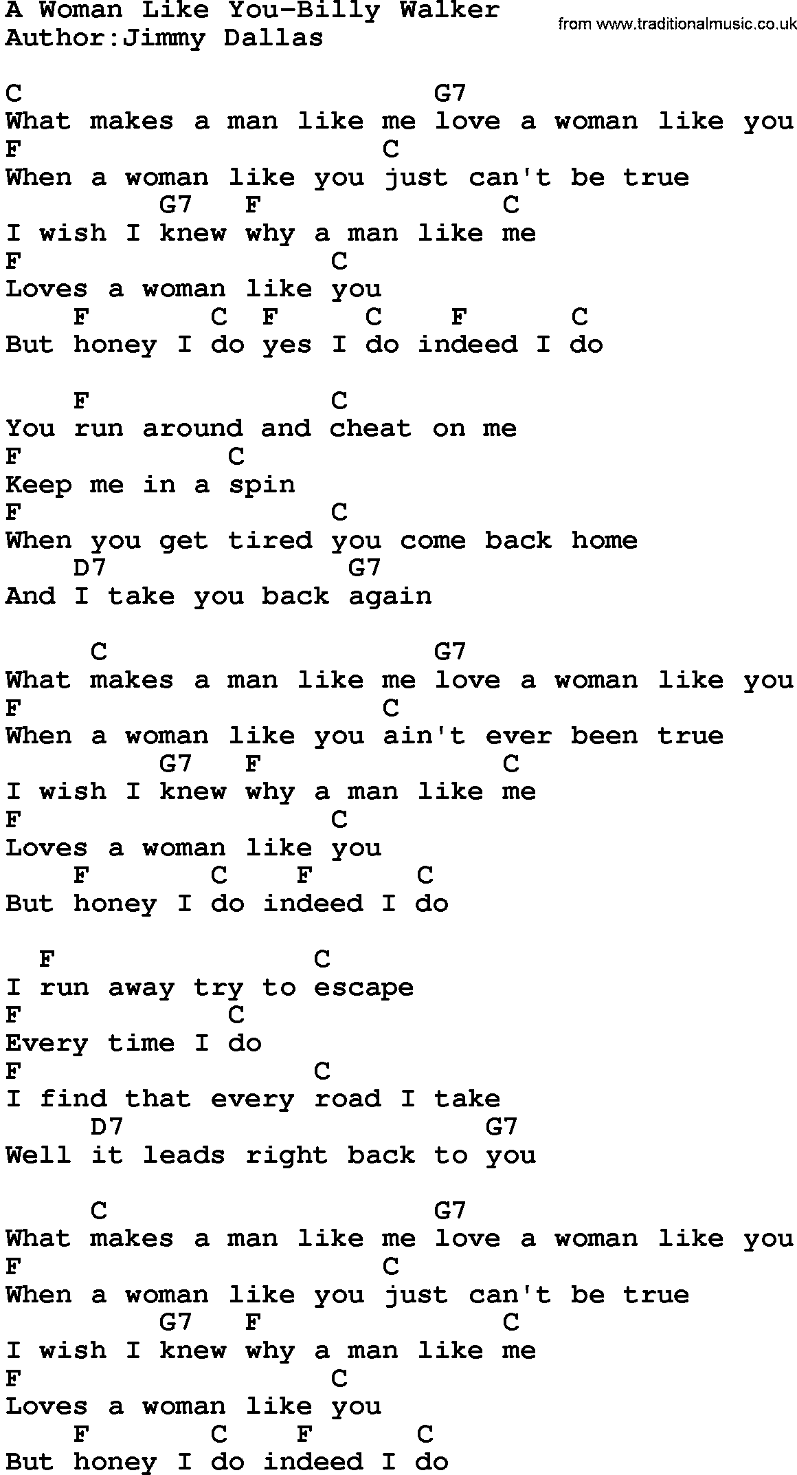 Country music song: A Woman Like You-Billy Walker lyrics and chords