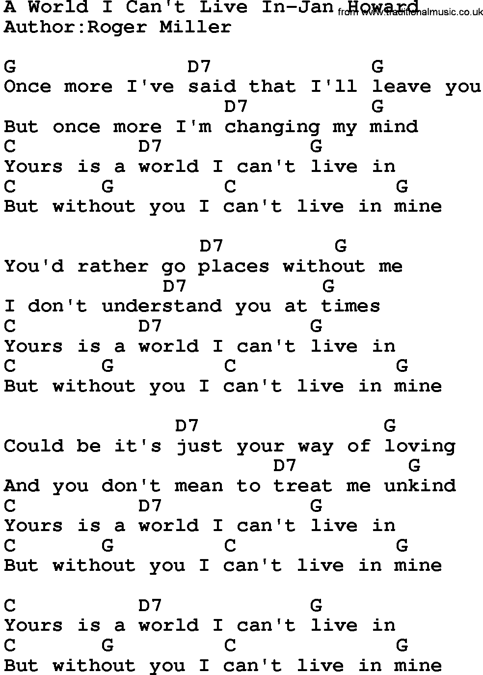 Country music song: A World I Can't Live In-Jan Howard lyrics and chords
