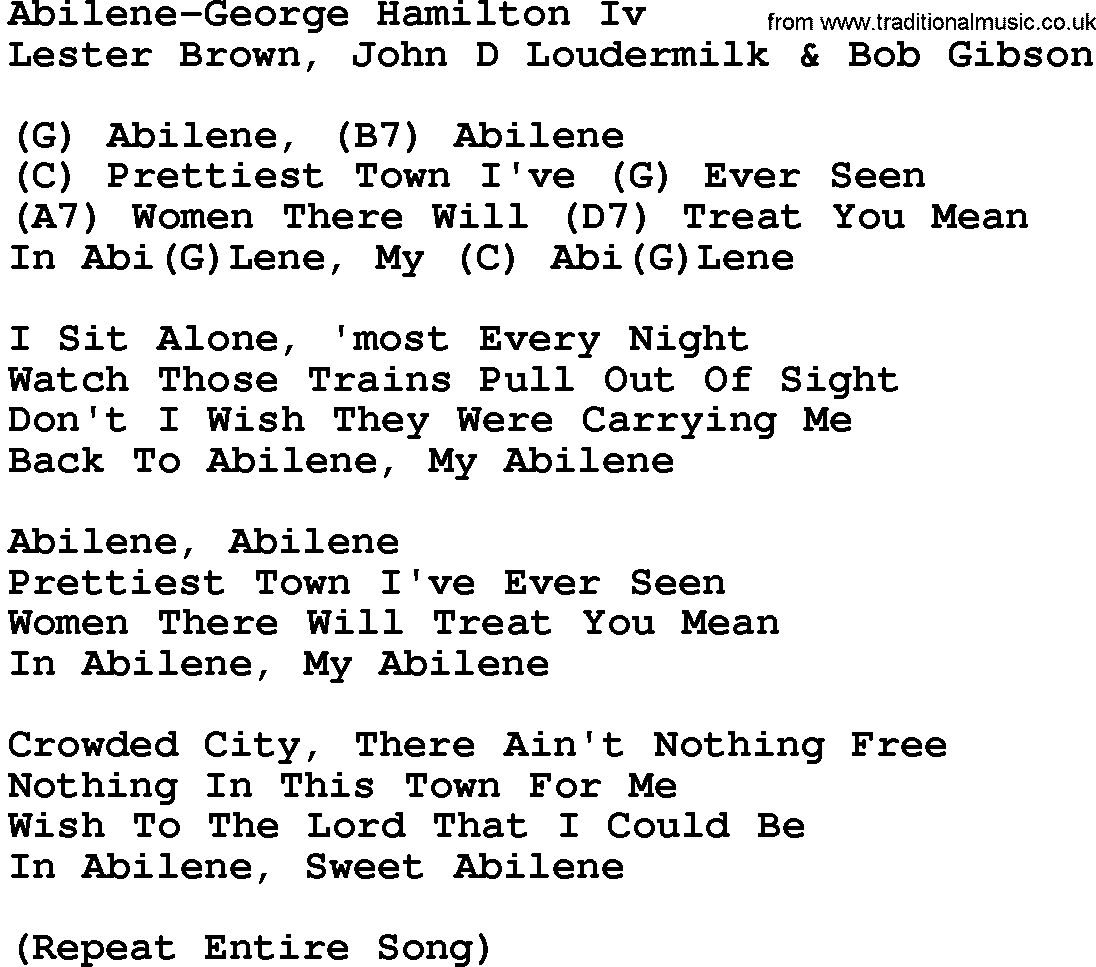 Country music song: Abilene-George Hamilton Iv lyrics and chords