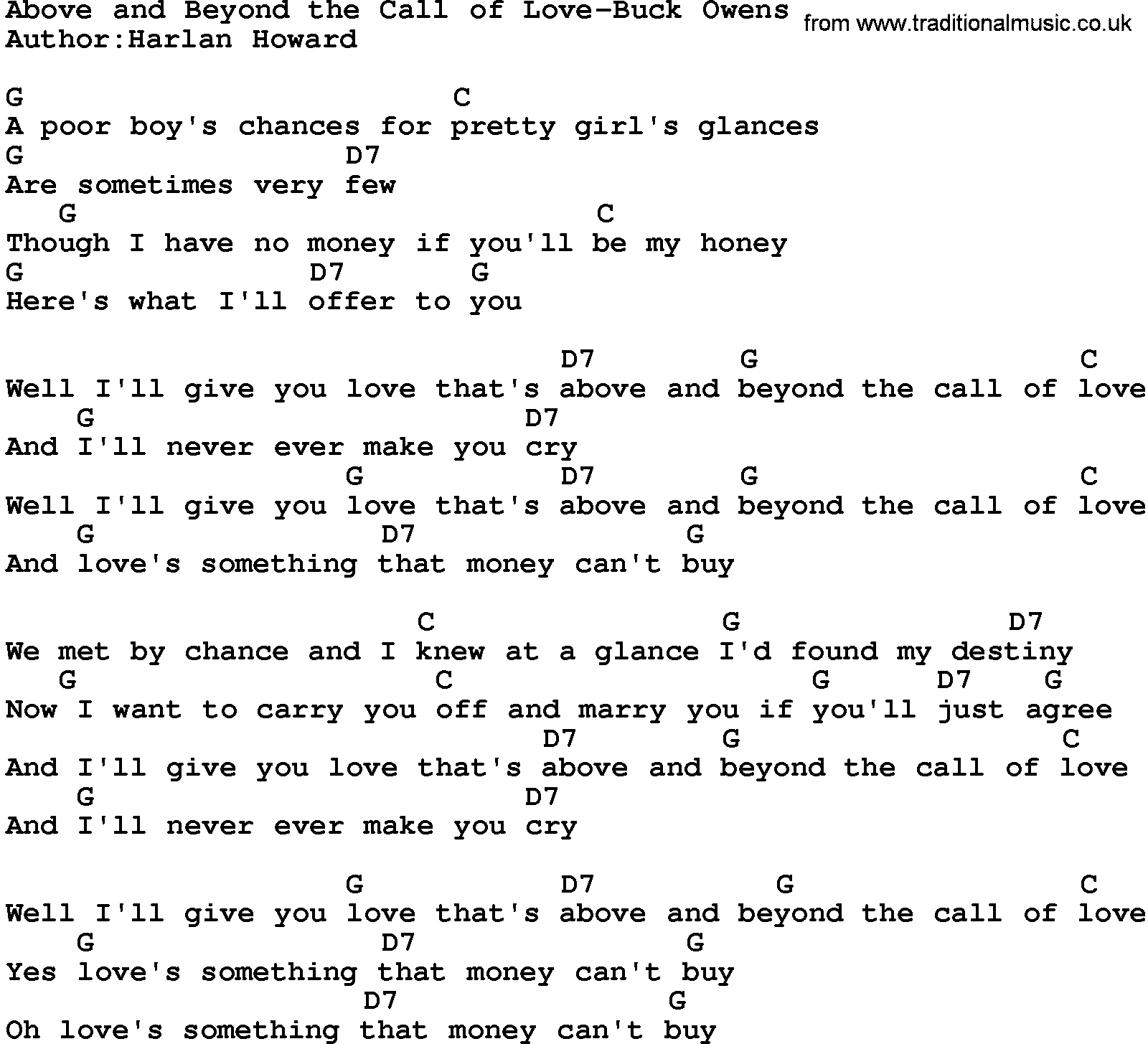 Country music song: Above And Beyond The Call Of Love-Buck Owens lyrics and chords
