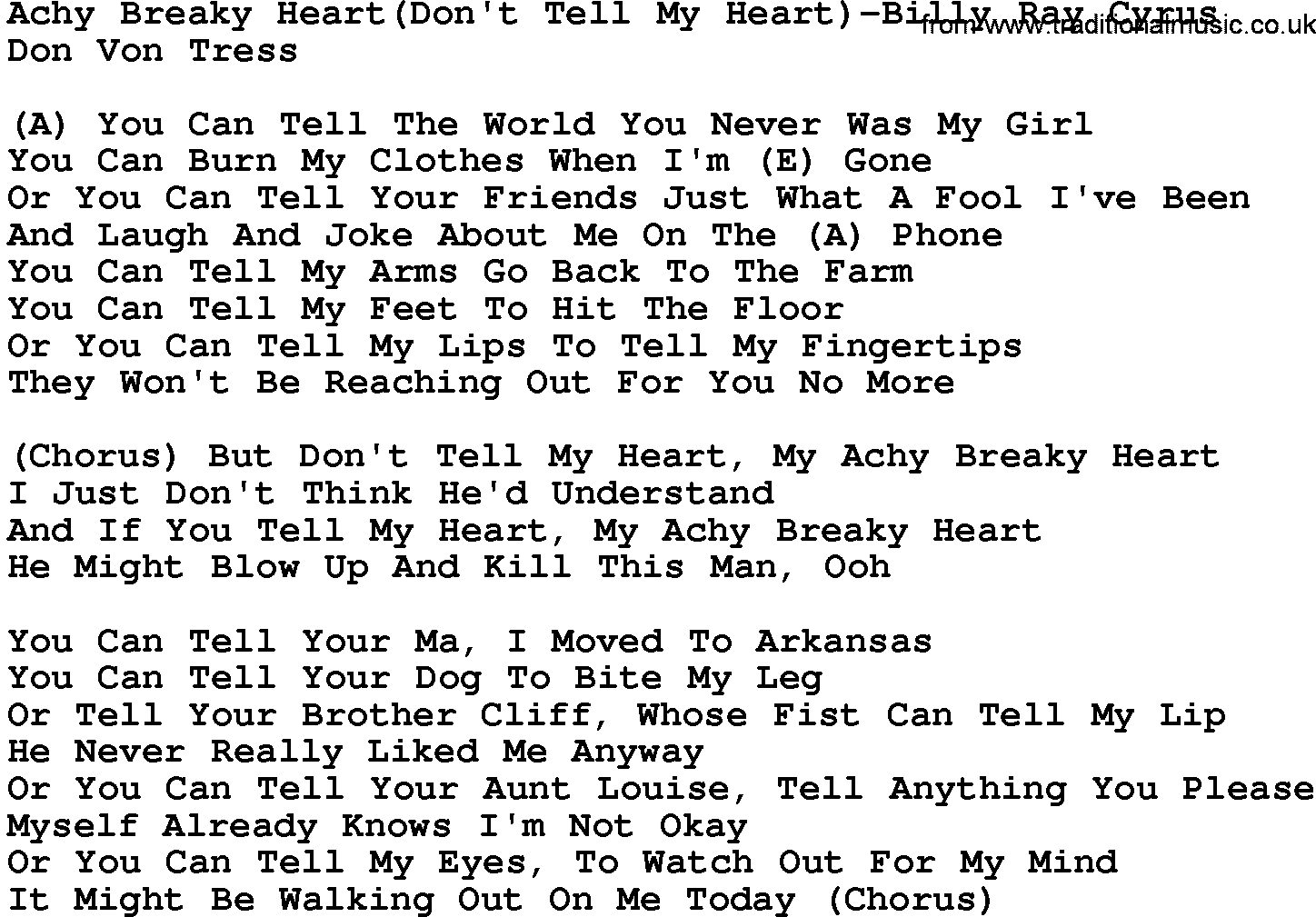 Country music song: Achy Breaky Heart(Don't Tell My Heart)-Billy Ray Cyrus lyrics and chords
