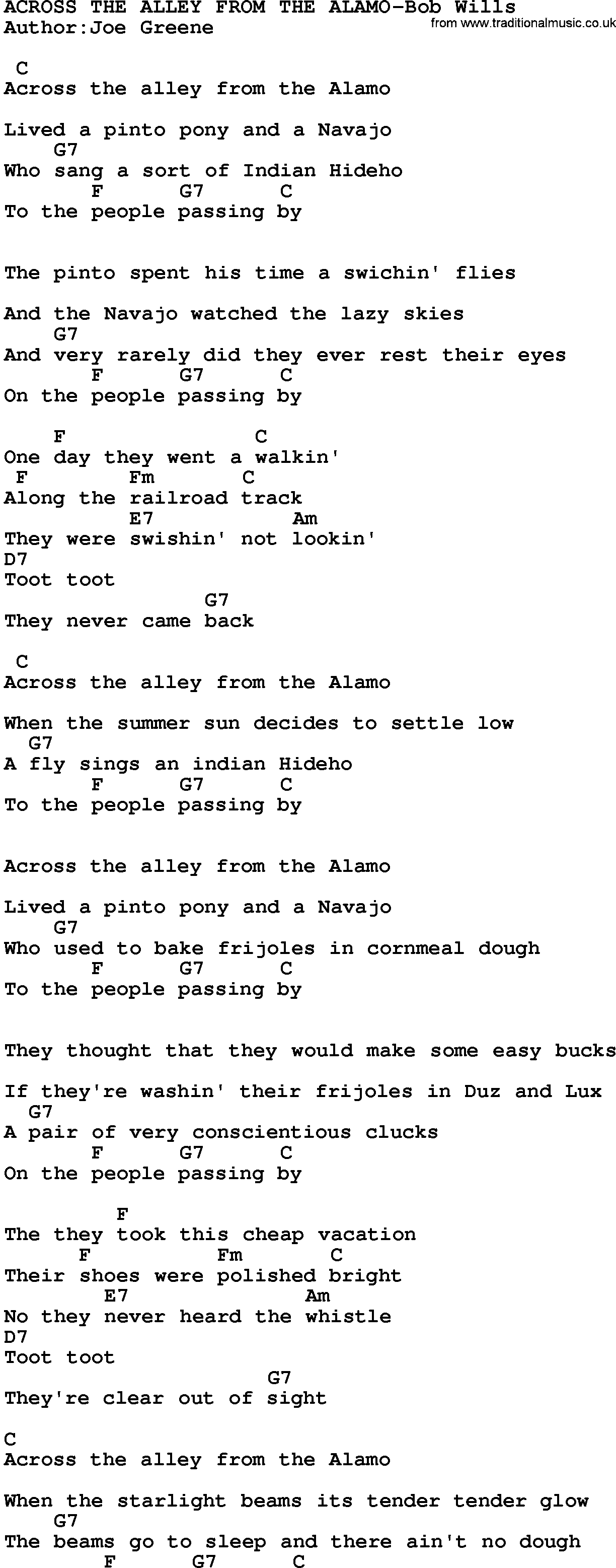 Country music song: Across The Alley From The Alamo-Bob Wills lyrics and chords
