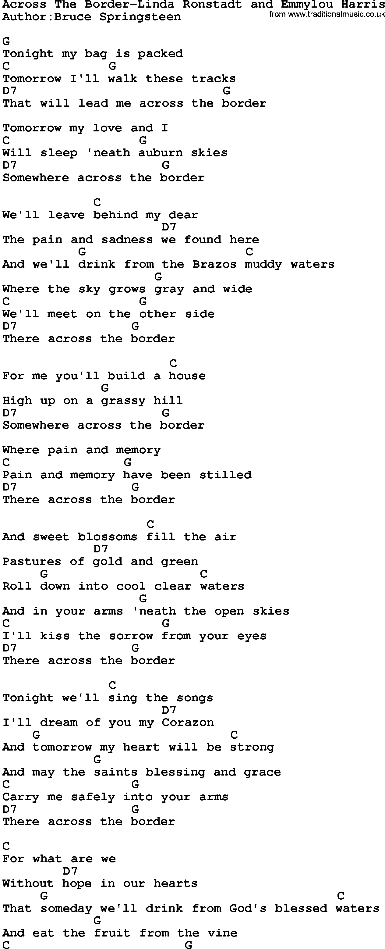 Country music song: Across The Border-Linda Ronstadt And Emmylou Harris lyrics and chords