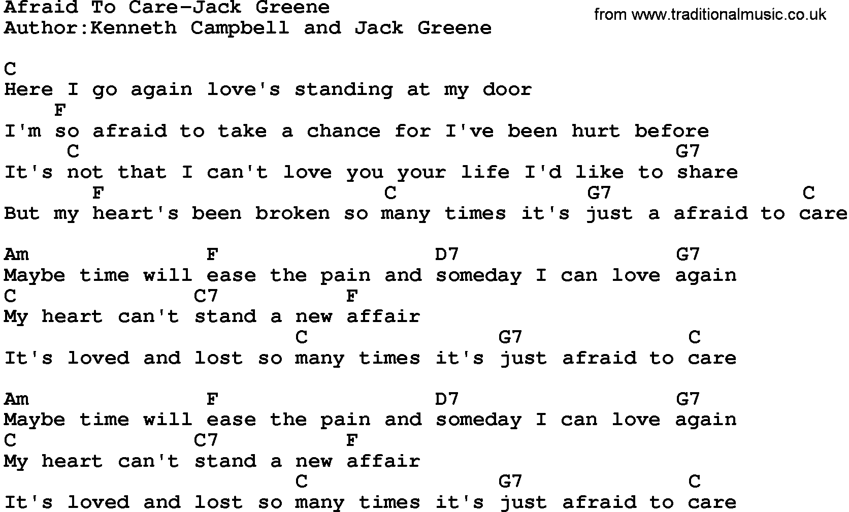 Country music song: Afraid To Care-Jack Greene lyrics and chords