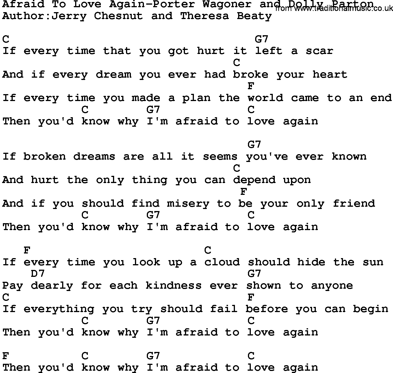 Country music song: Afraid To Love Again-Porter Wagoner And Dolly Parton lyrics and chords
