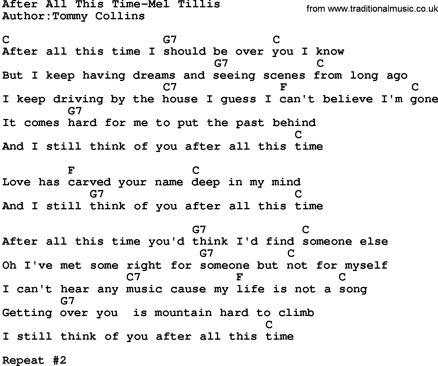 Country music song: After All This Time-Mel Tillis lyrics and chords