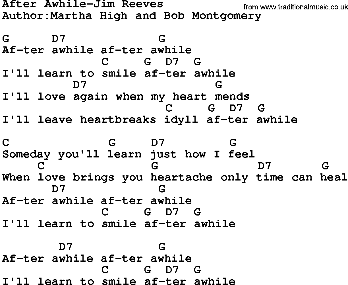 Country music song: After Awhile-Jim Reeves lyrics and chords