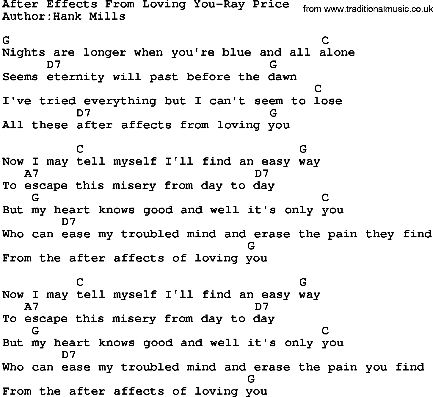 Country music song: After Effects From Loving You-Ray Price lyrics and chords