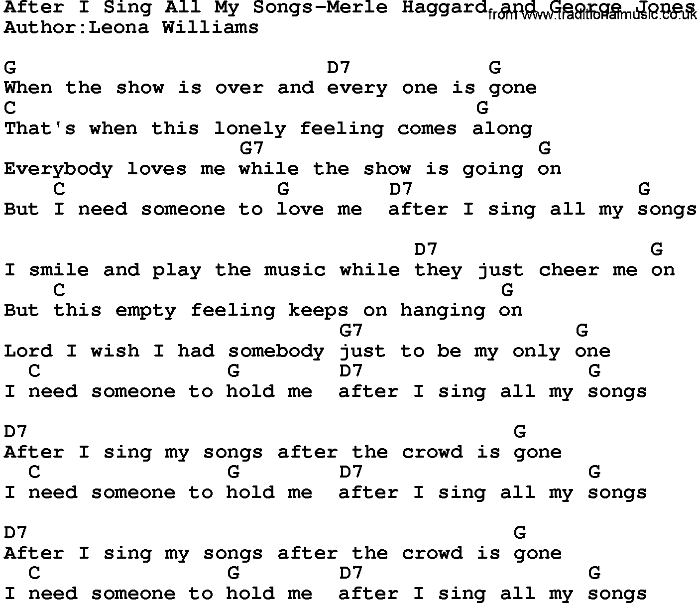 Country music song: After I Sing All My Songs-Merle Haggard And George Jones lyrics and chords