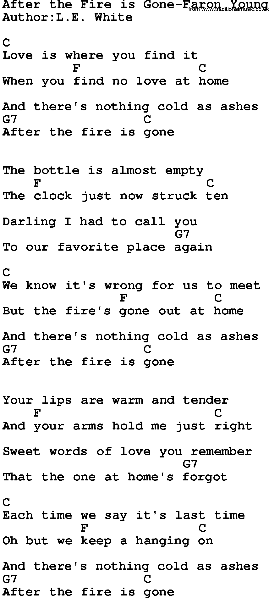 Country music song: After The Fire Is Gone-Faron Young lyrics and chords