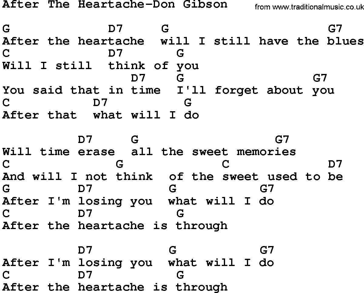 Country music song: After The Heartache-Don Gibson lyrics and chords
