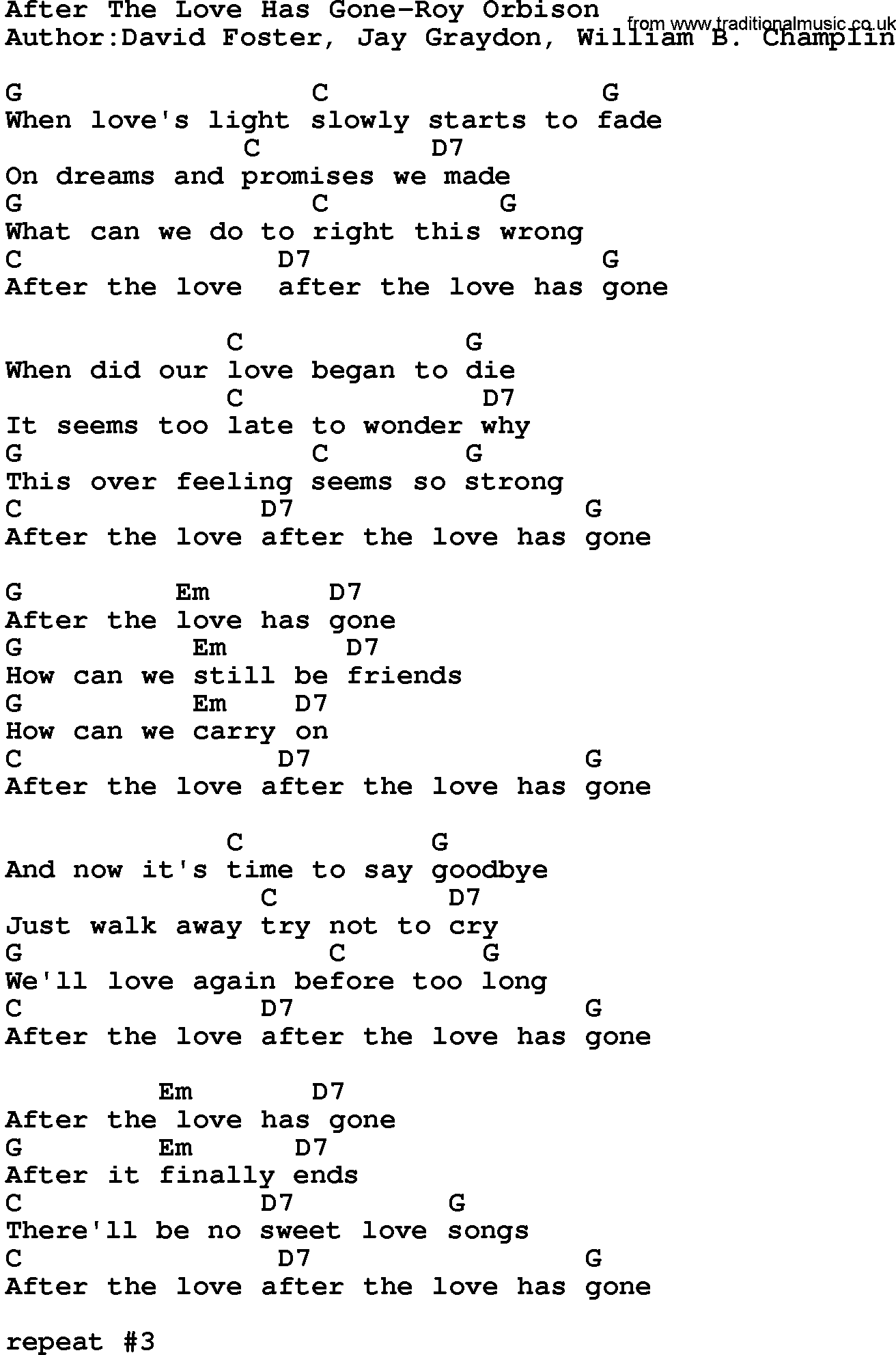 Country music song: After The Love Has Gone-Roy Orbison lyrics and chords