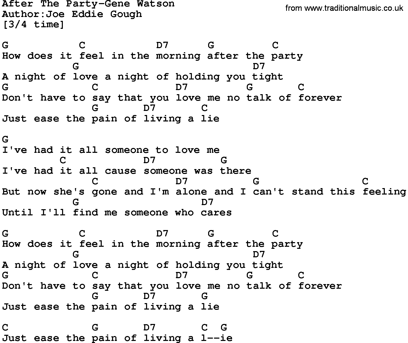Country music song: After The Party-Gene Watson lyrics and chords