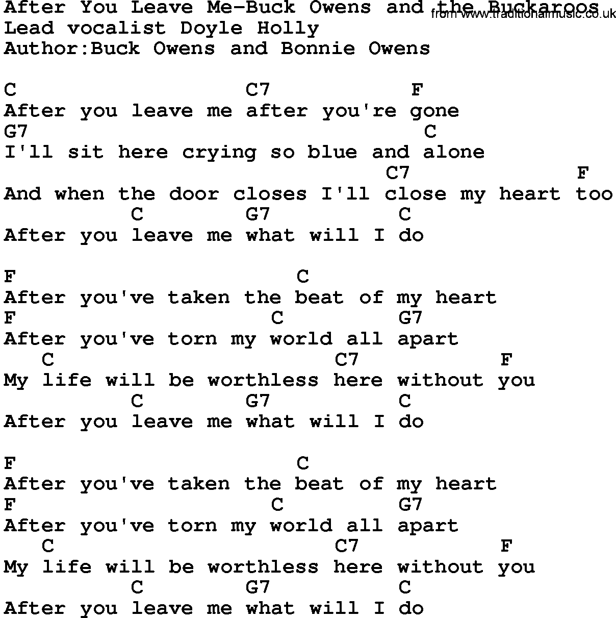 Country music song: After You Leave Me-Buck Owens And The Buckaroos lyrics and chords