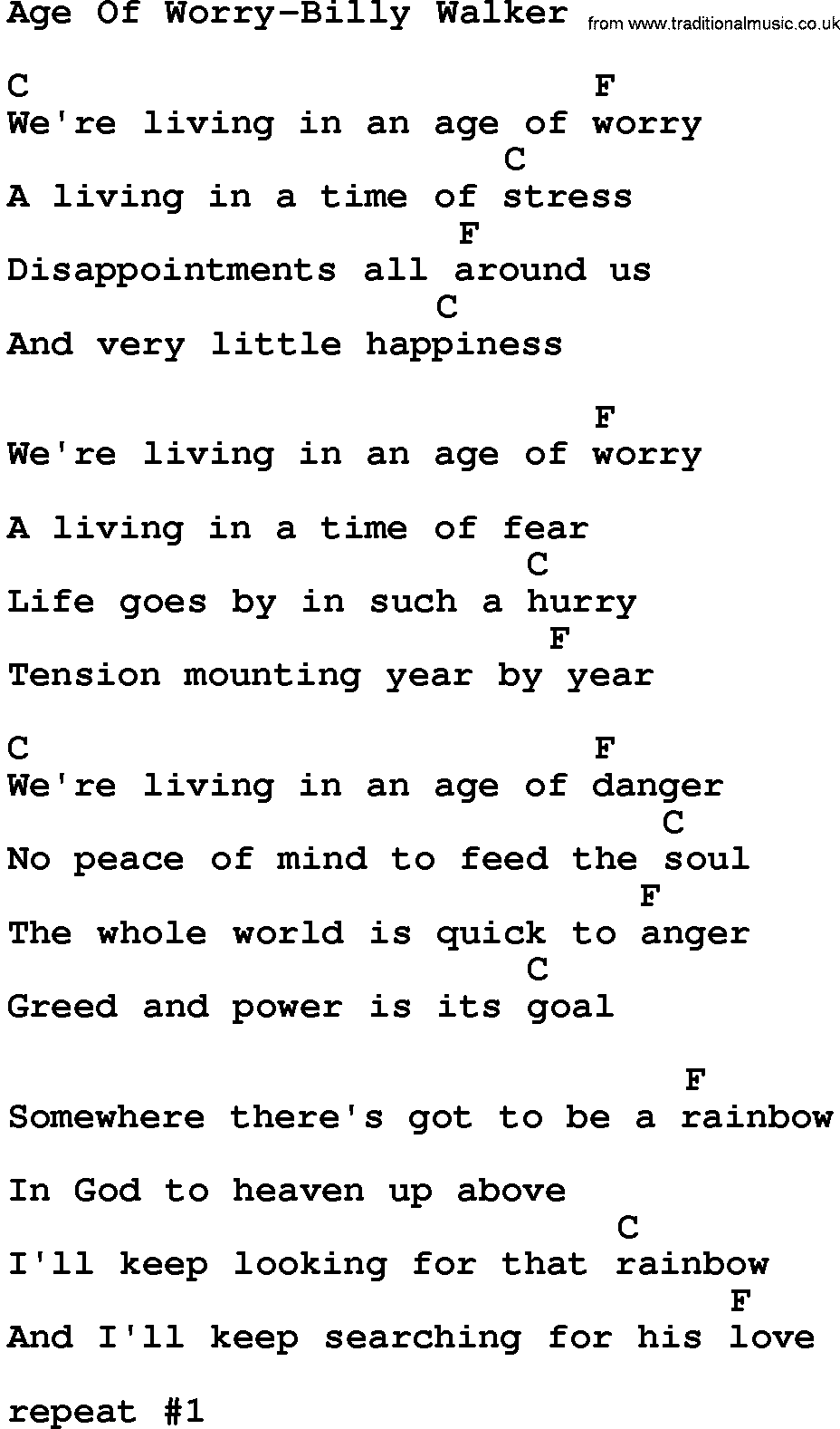 Country music song: Age Of Worry-Billy Walker lyrics and chords