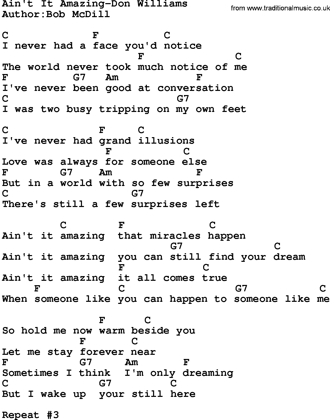 Country music song: Ain't It Amazing-Don Williams lyrics and chords