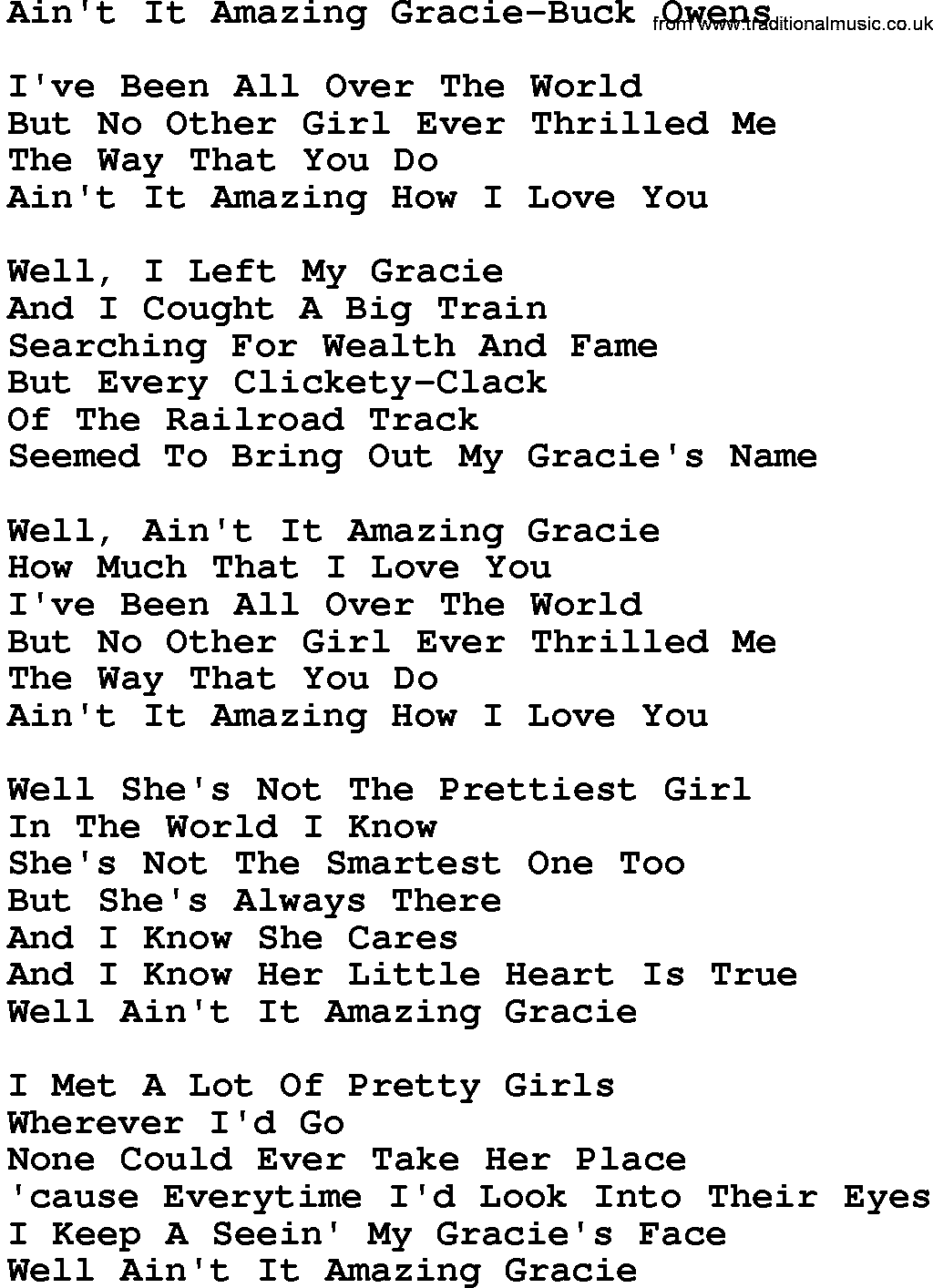 Country music song: Ain't It Amazing Gracie-Buck Owens lyrics and chords