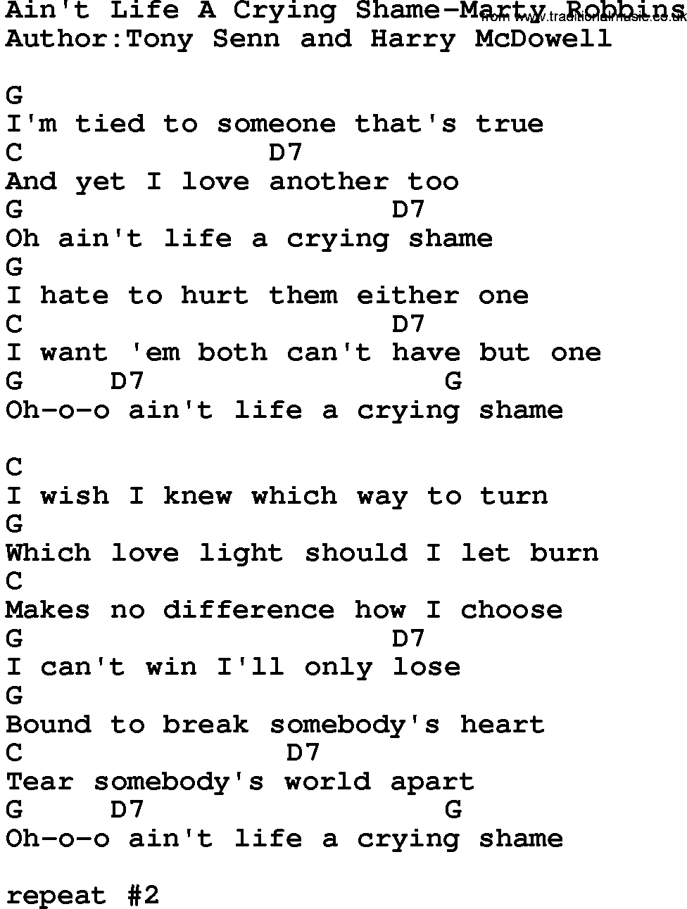Country music song: Ain't Life A Crying Shame-Marty Robbins lyrics and chords