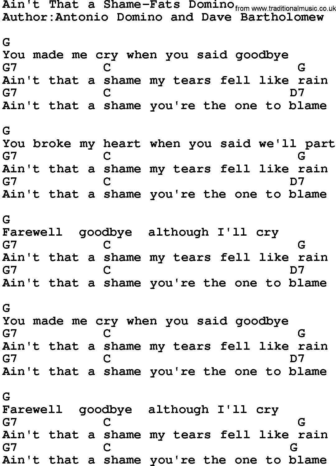 Country music song: Ain't That A Shame-Fats Domino lyrics and chords