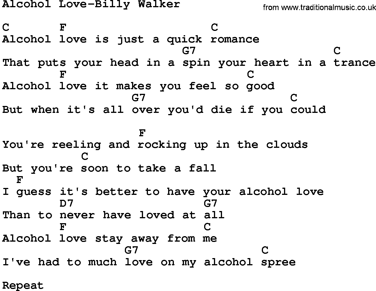 Country music song: Alcohol Love-Billy Walker lyrics and chords