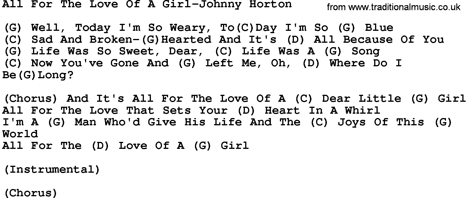 Country music song: All For The Love Of A Girl-Johnny Horton lyrics and chords