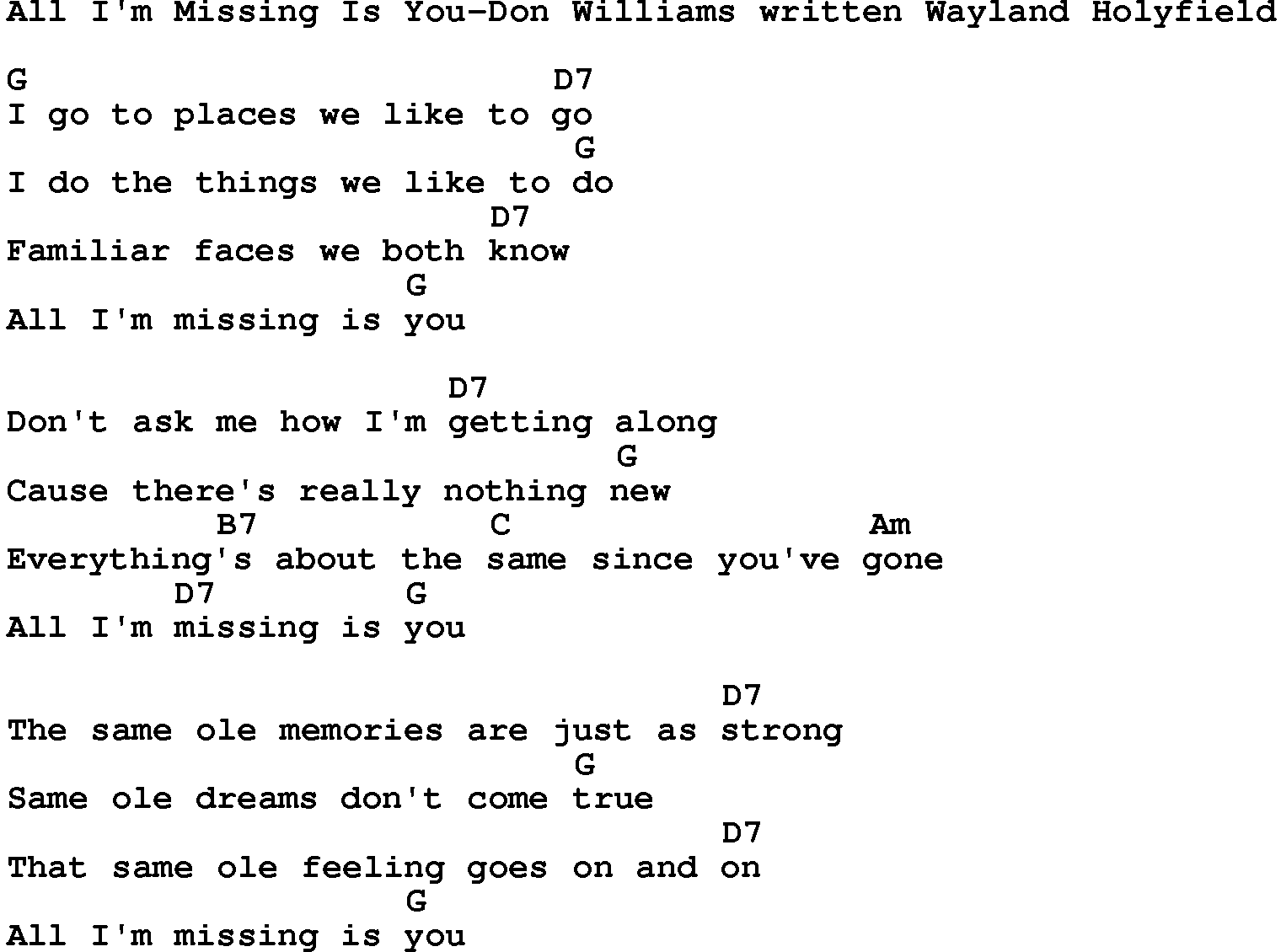 Country music song: All I'm Missing Is You-Don Williams Written Wayland Holyfield lyrics and chords