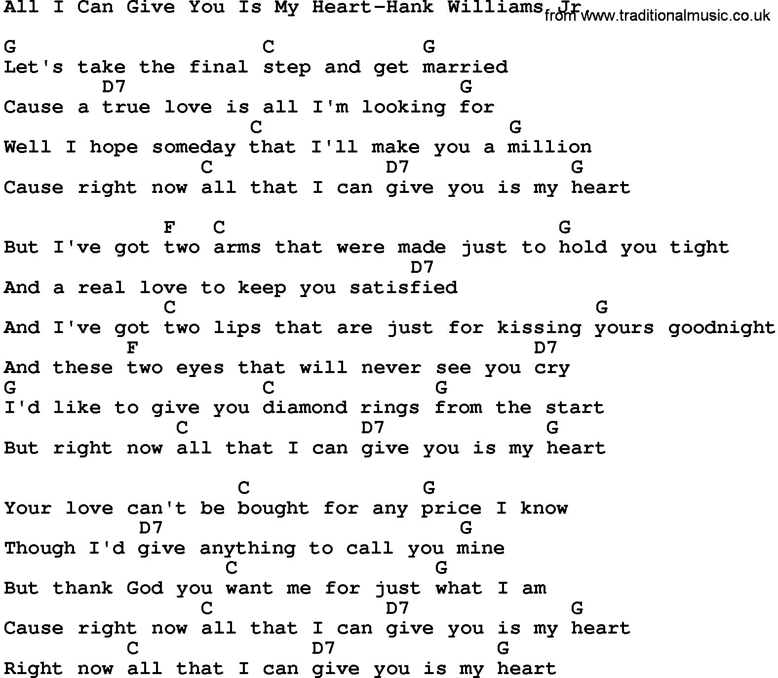 Country music song: All I Can Give You Is My Heart-Hank Williams Jr lyrics and chords