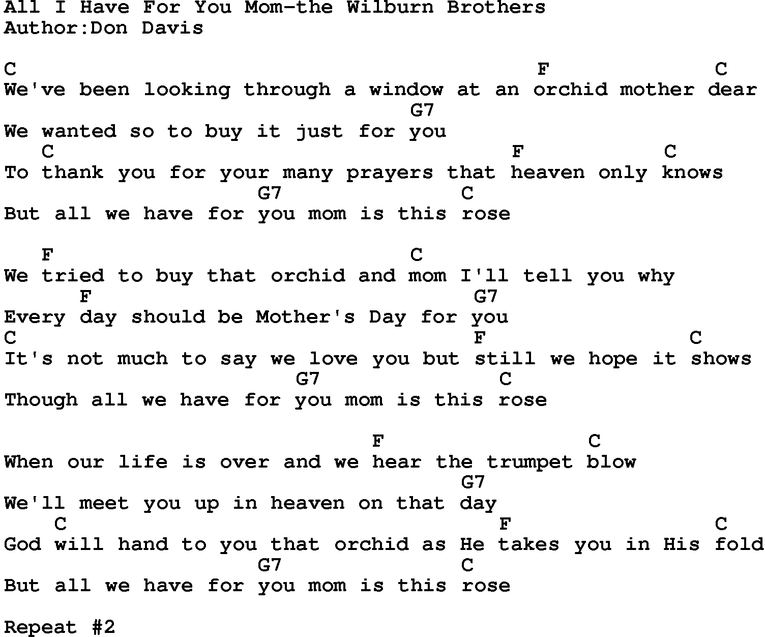 Country music song: All I Have For You Mom-The Wilburn Brothers lyrics and chords
