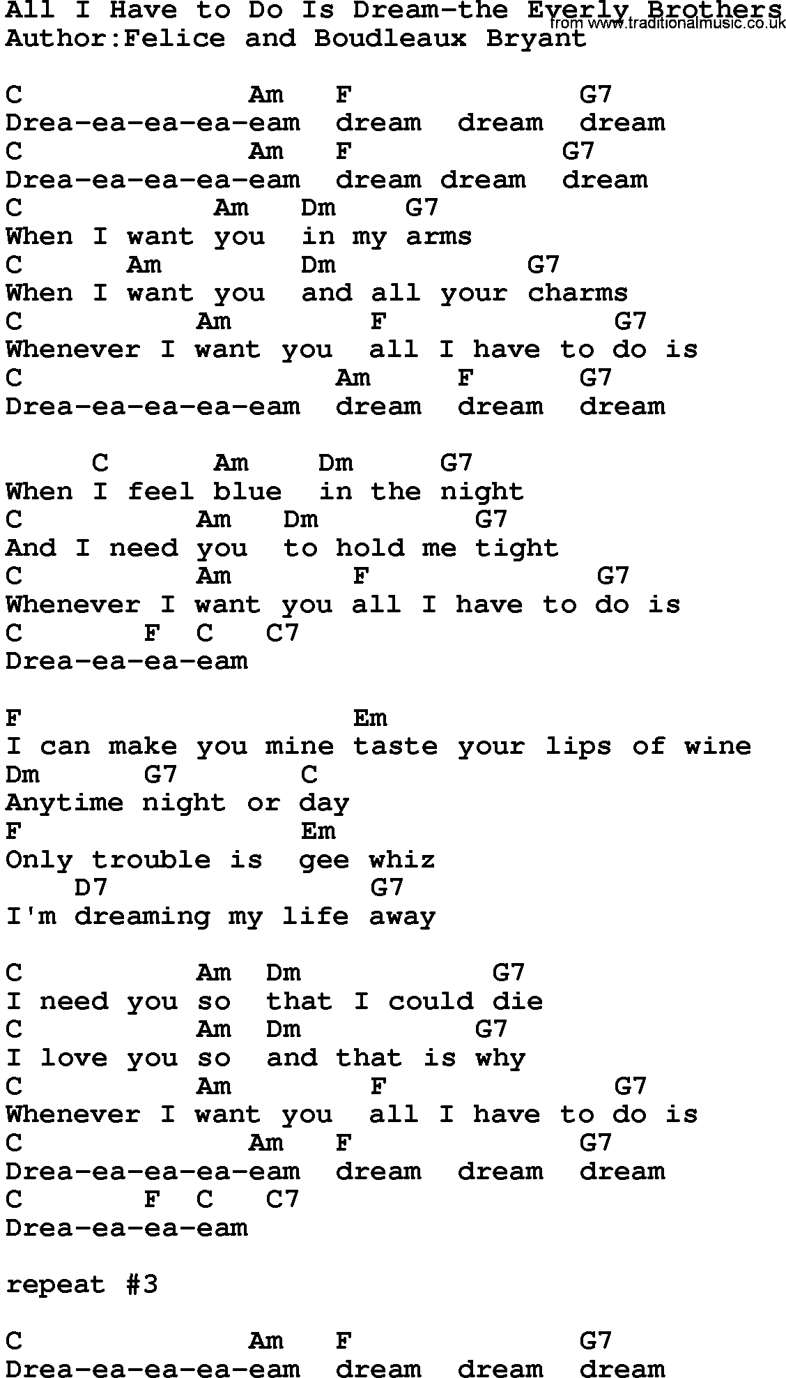 Country music song: All I Have To Do Is Dream-The Everly Brothers lyrics and chords