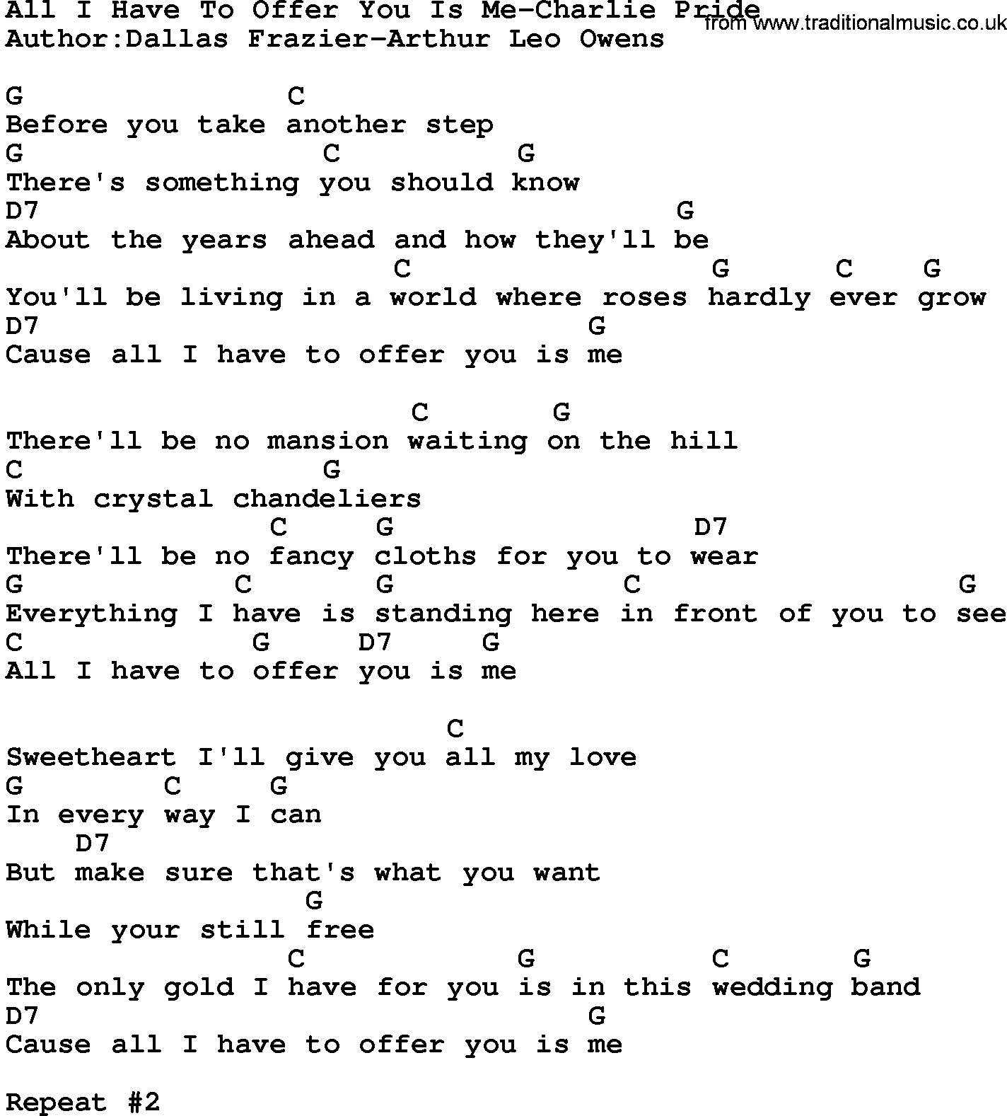 Country music song: All I Have To Offer You Is Me-Charlie Pride lyrics and chords