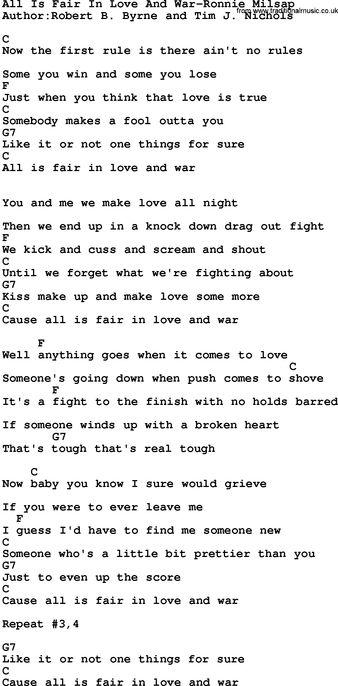 Country music song: All Is Fair In Love And War-Ronnie Milsap lyrics and chords