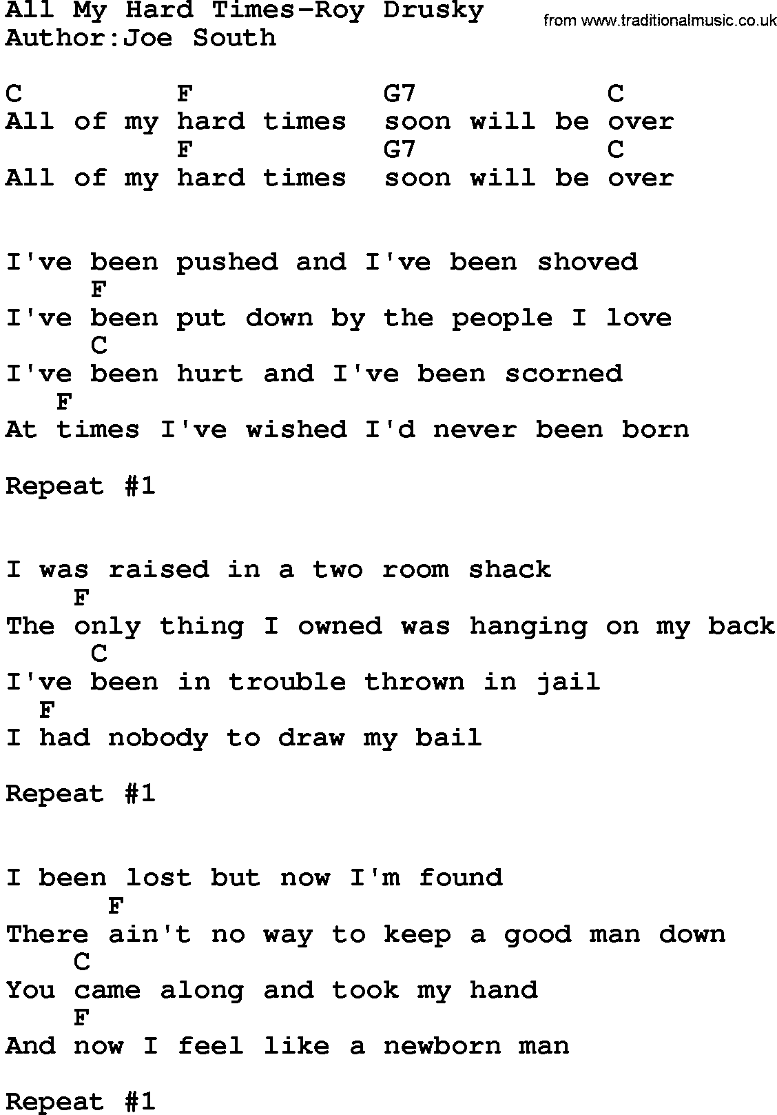 Country music song: All My Hard Times-Roy Drusky lyrics and chords