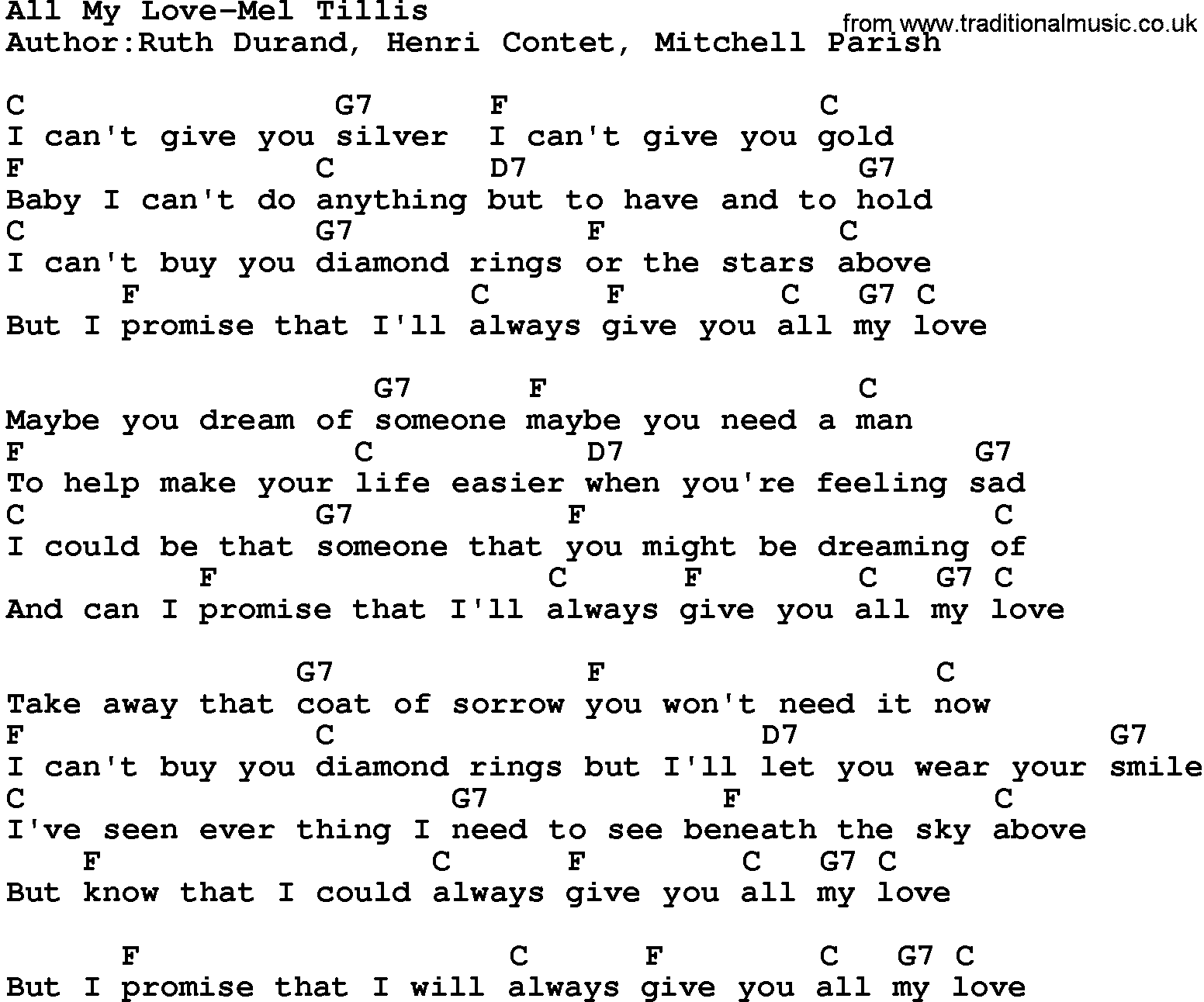 Country music song: All My Love-Mel Tillis lyrics and chords