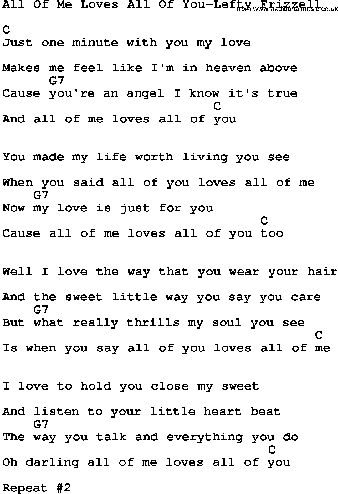 Country music song: All Of Me Loves All Of You-Lefty Frizzell lyrics and chords
